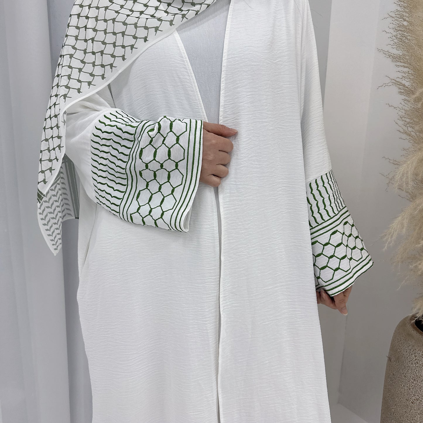 Palestine Keffiyeh Open Abaya - White with Green Embroidery