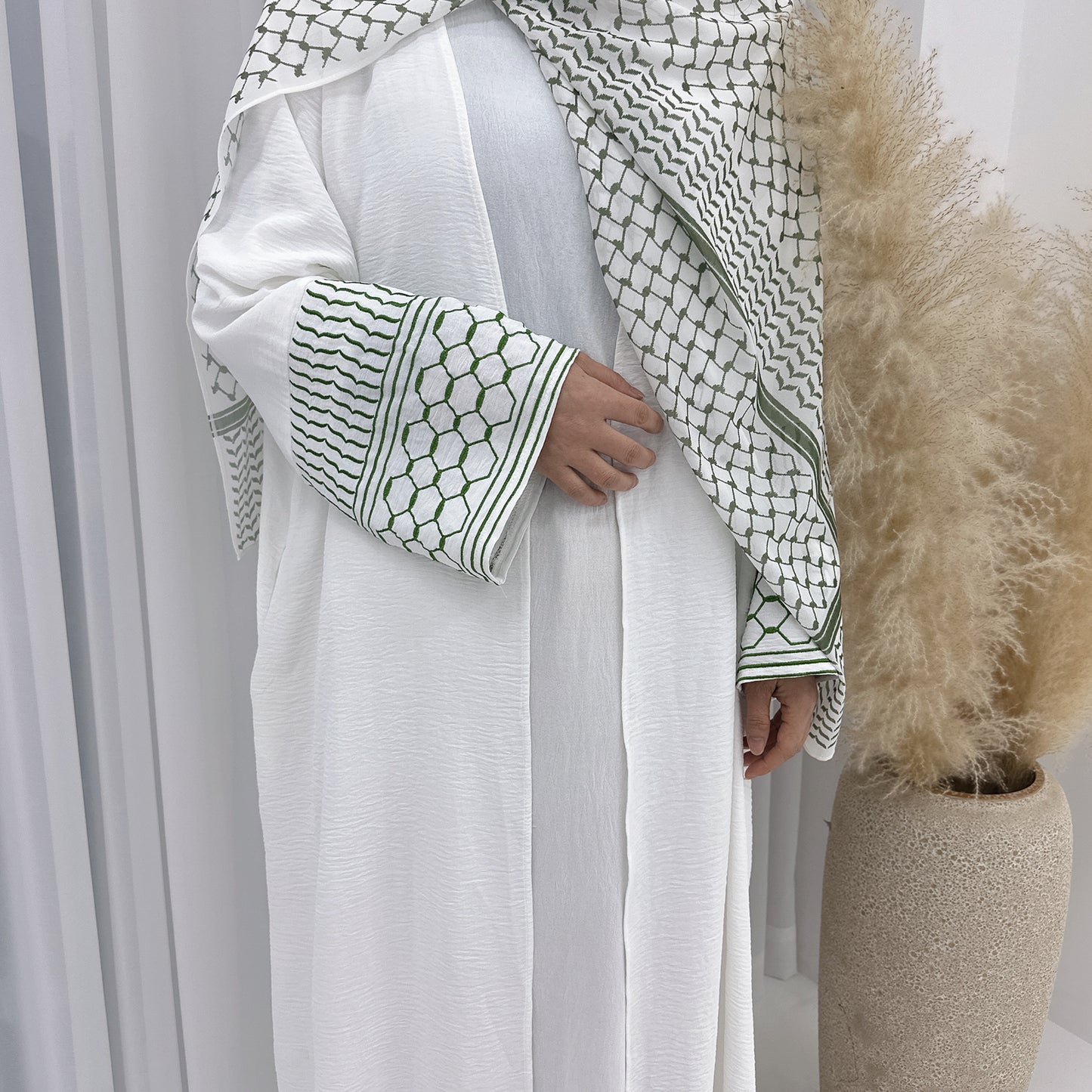 Palestine Keffiyeh Open Abaya - White with Green Embroidery