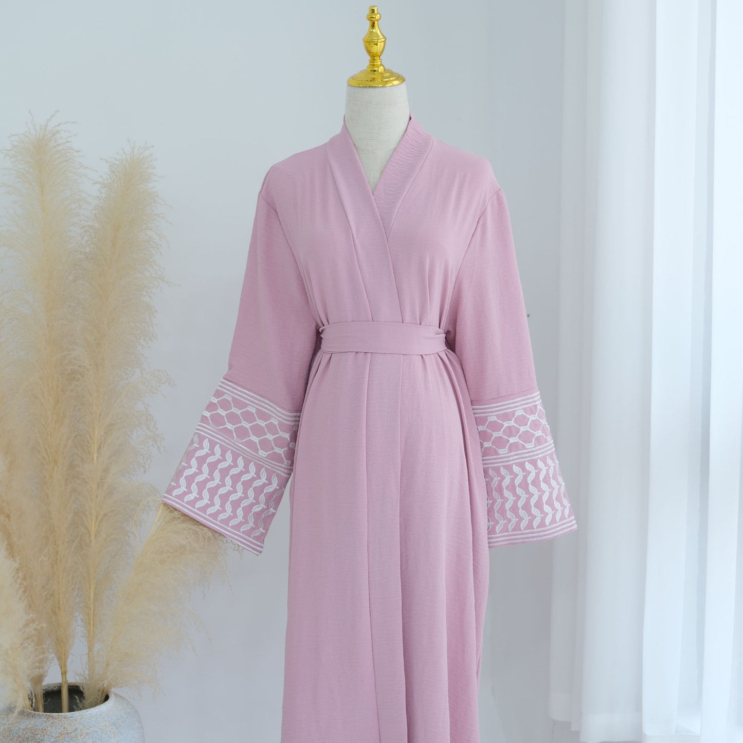 Palestine Keffiyeh Open Abaya - Pink with White Embroidery