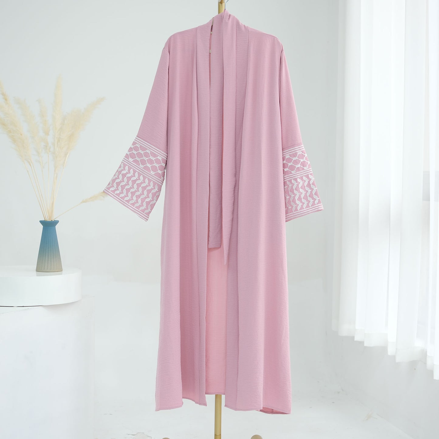 Palestine Keffiyeh Open Abaya - Pink with White Embroidery