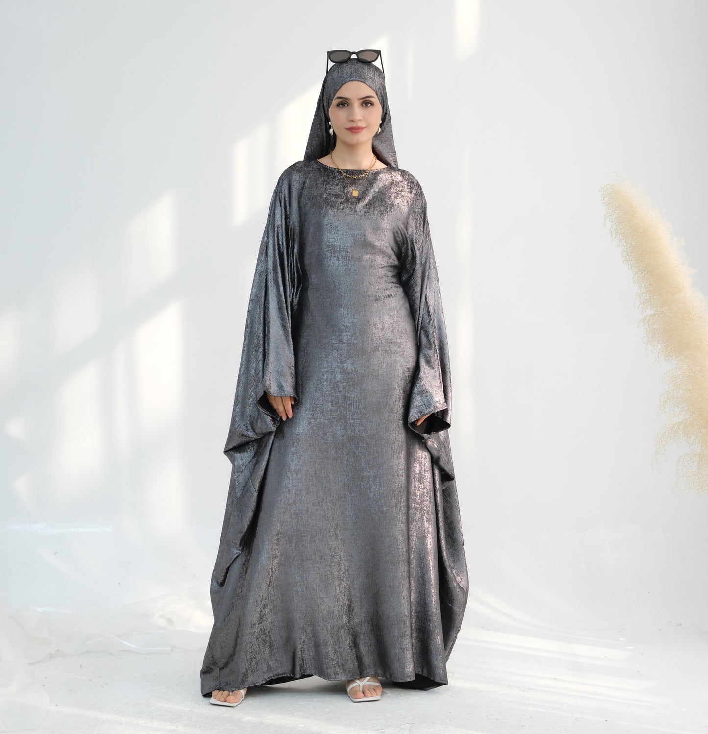 Modest Shimmery Butterfly Abaya - Gray
