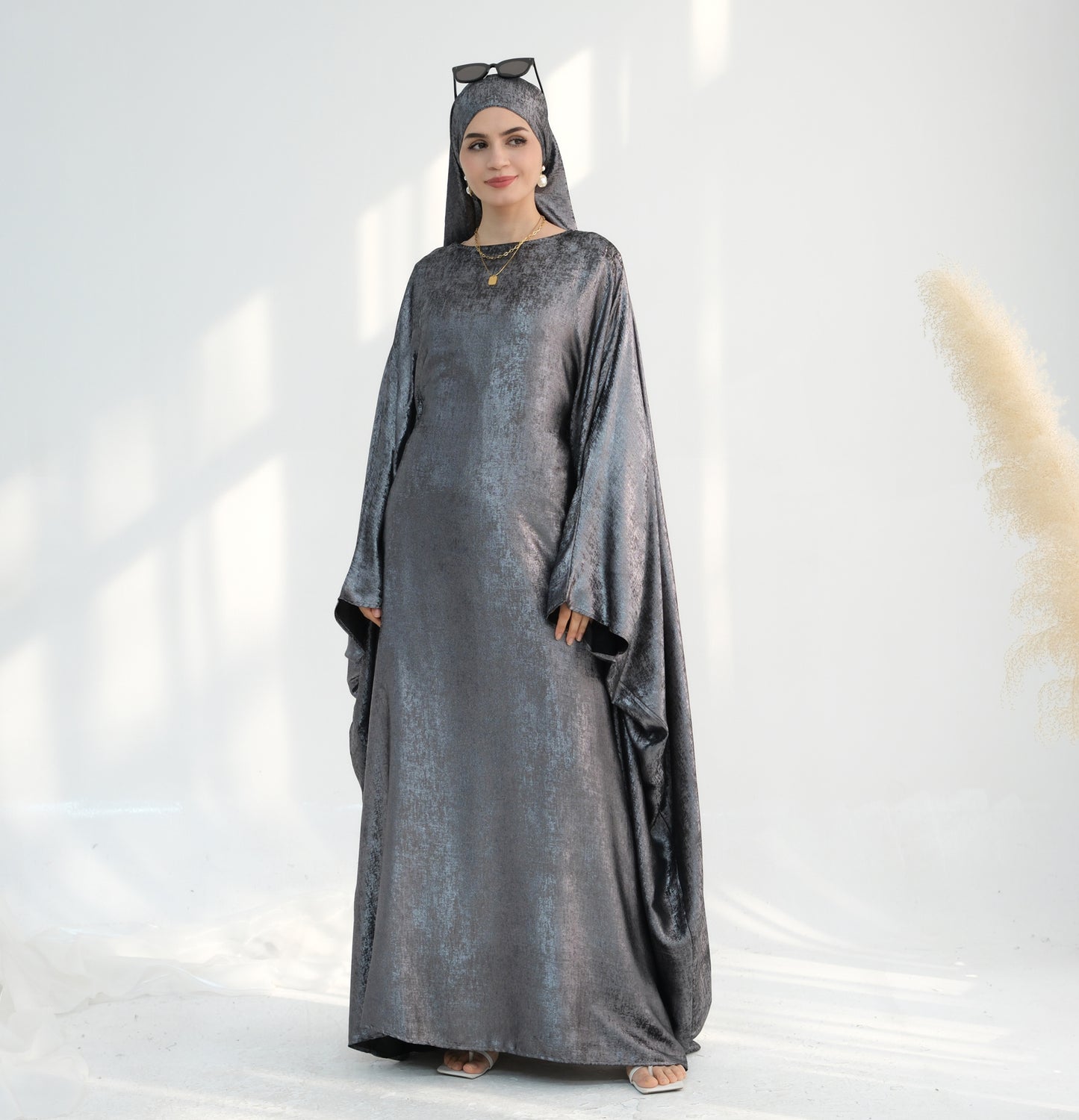 Modest Shimmery Butterfly Abaya - Gray