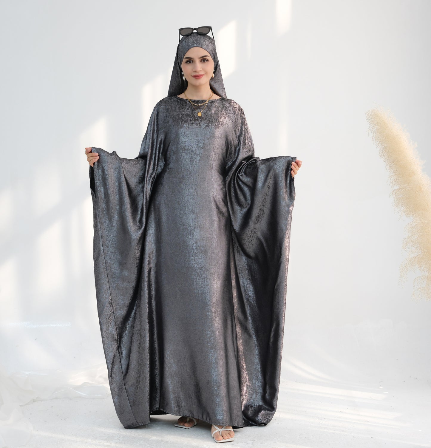 Modest Shimmery Butterfly Abaya - Gray