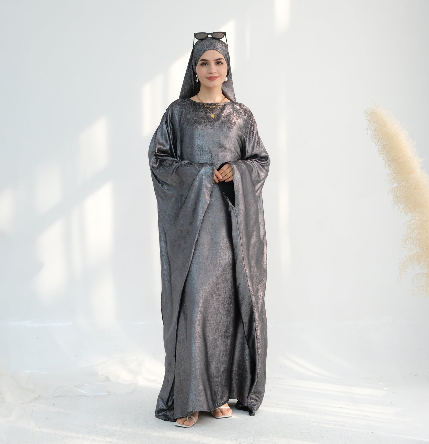 Modest Shimmery Butterfly Abaya - Gray