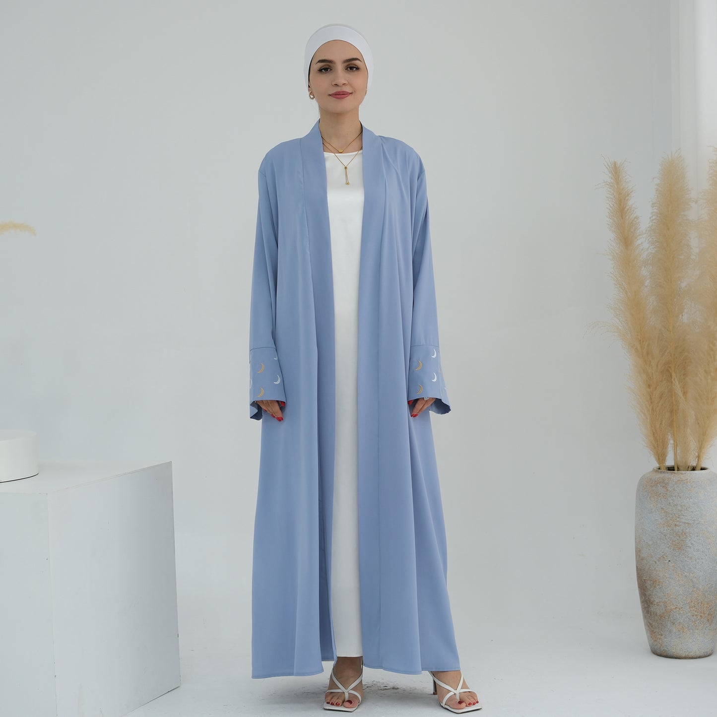 Modest Crescent Moon Sleeve Open Abaya - Sky Blue