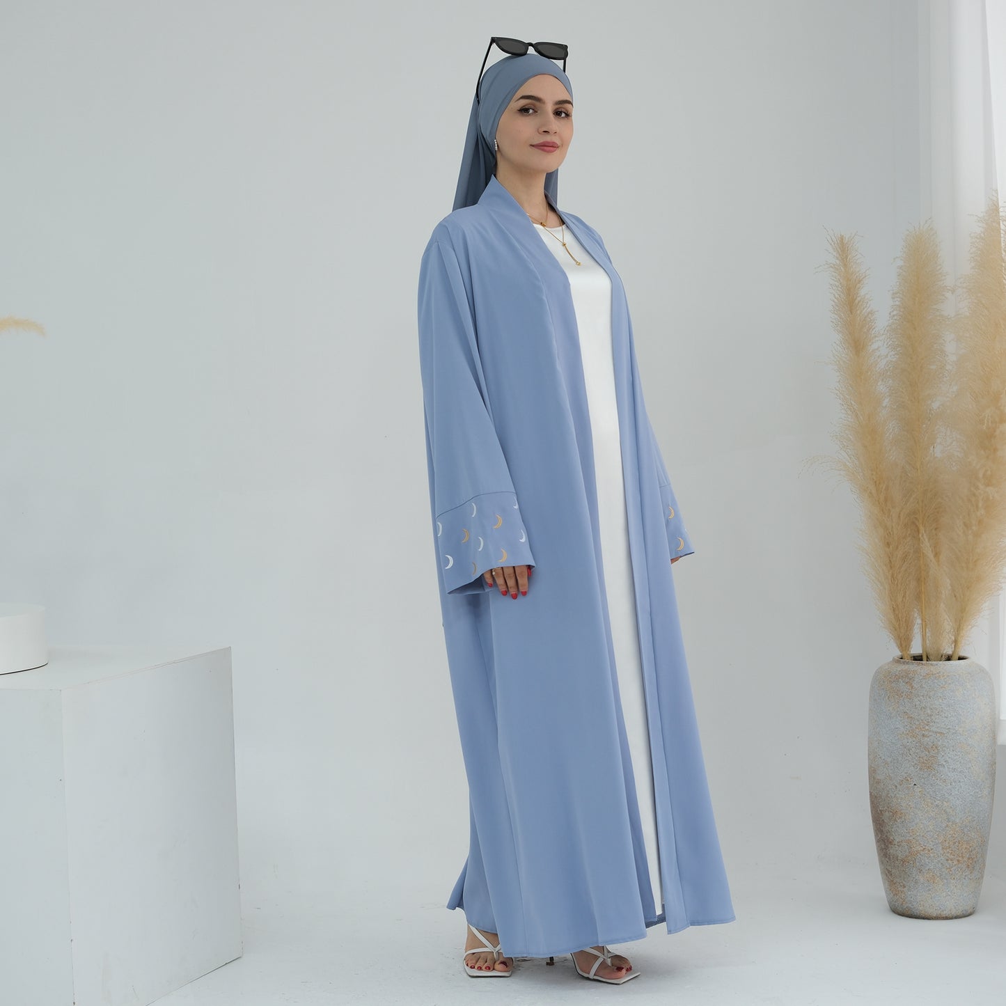 Modest Crescent Moon Sleeve Open Abaya - Sky Blue