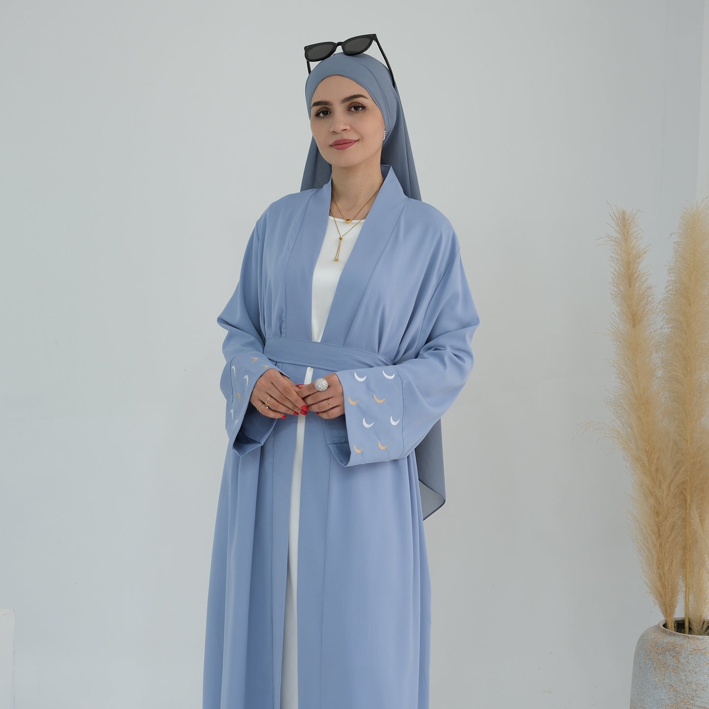 Modest Crescent Moon Sleeve Open Abaya - Sky Blue