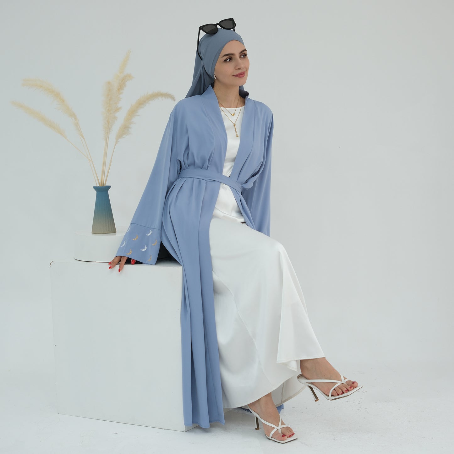 Modest Crescent Moon Sleeve Open Abaya - Sky Blue