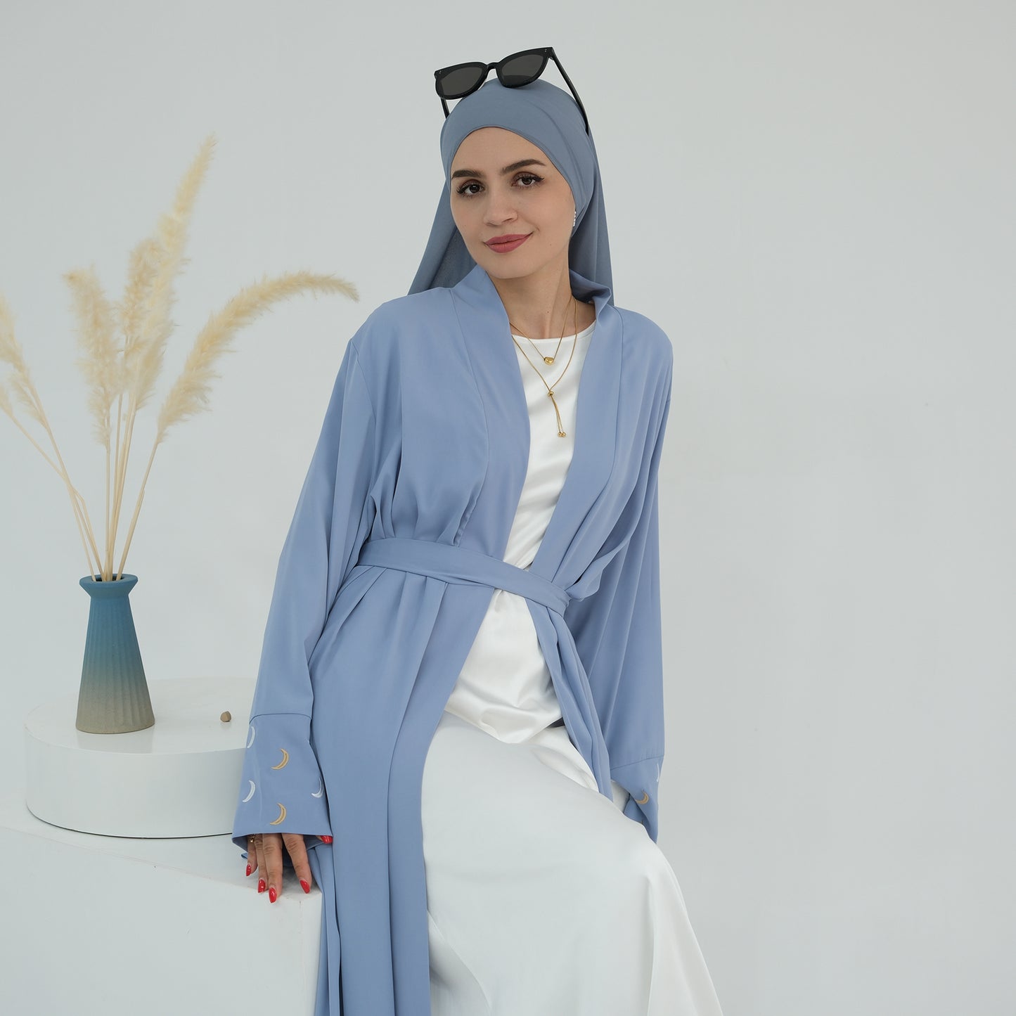 Modest Crescent Moon Sleeve Open Abaya - Sky Blue