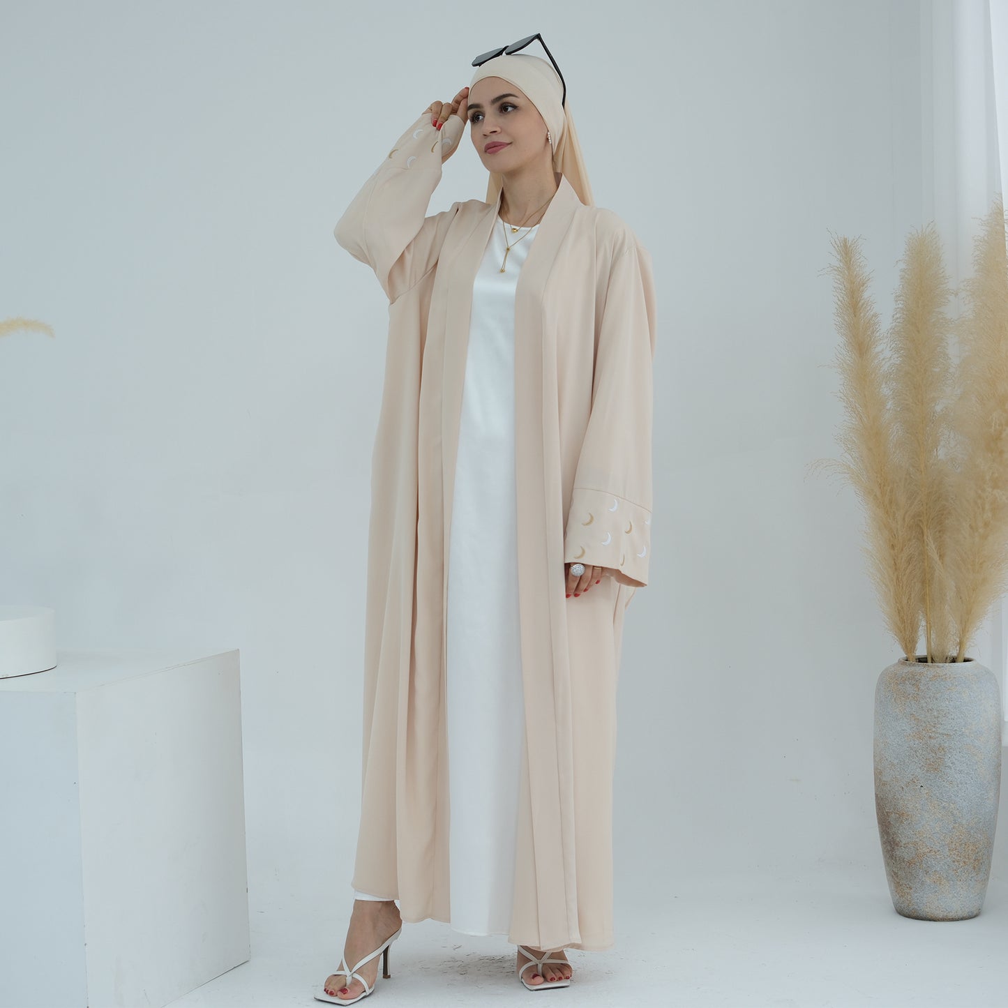 Modest Crescent Moon Sleeve Open Abaya - Sand Beige