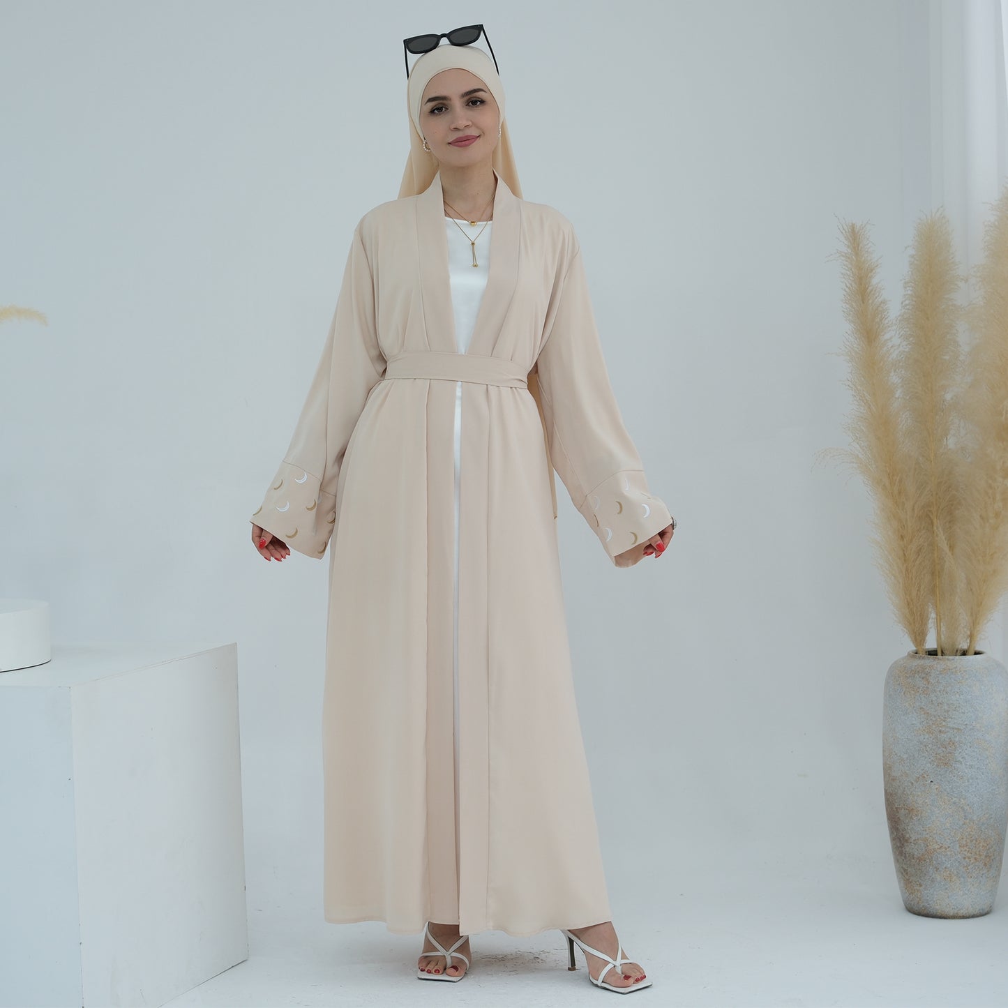 Modest Crescent Moon Sleeve Open Abaya - Sand Beige