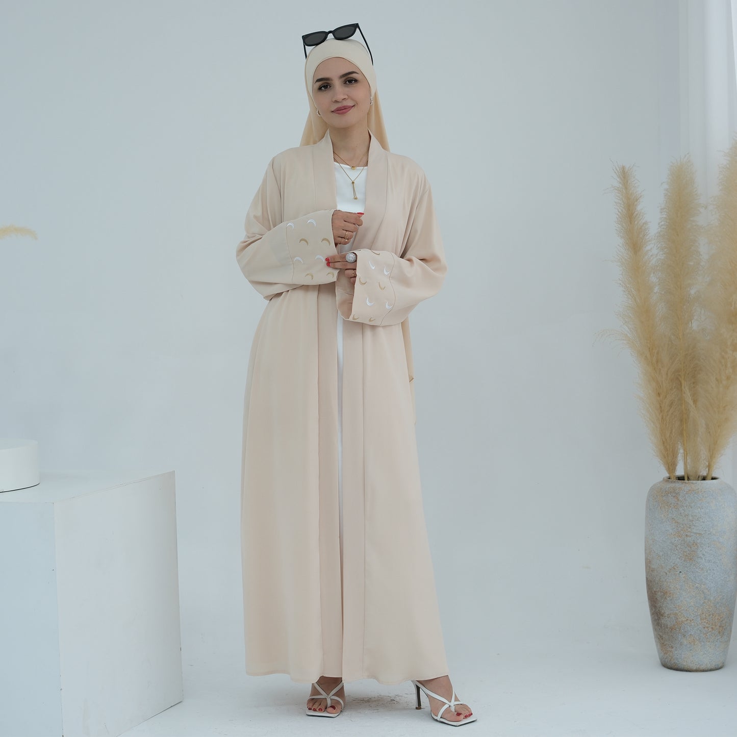 Modest Crescent Moon Sleeve Open Abaya - Sand Beige