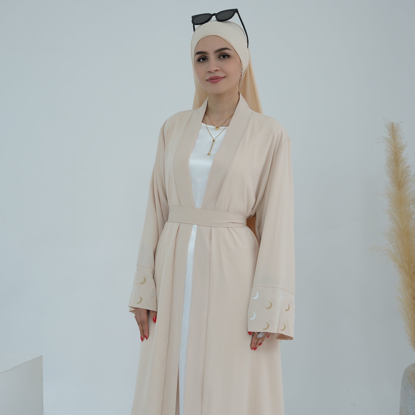 Modest Crescent Moon Sleeve Open Abaya - Sand Beige