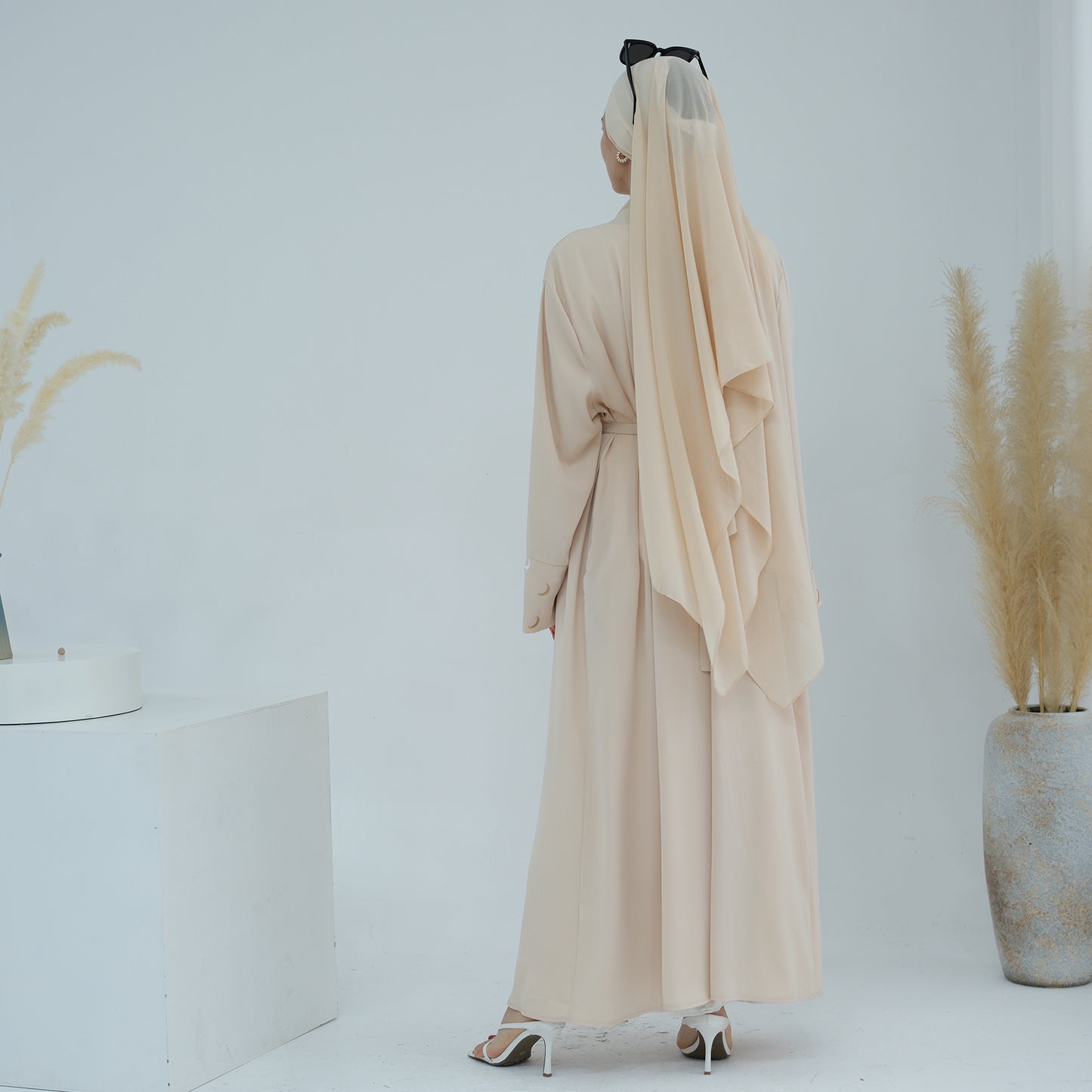 Modest Crescent Moon Sleeve Open Abaya - Sand Beige