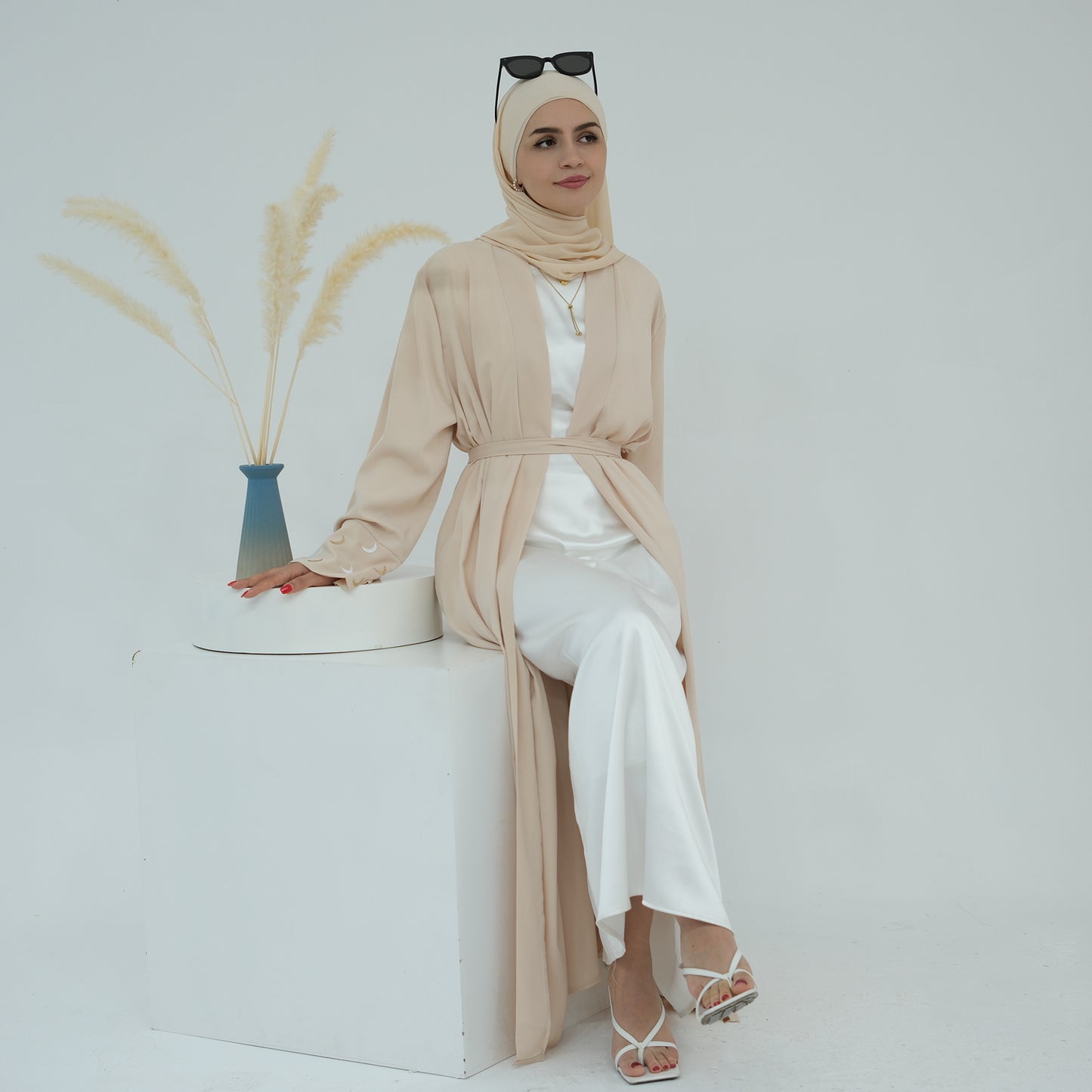 Modest Crescent Moon Sleeve Open Abaya - Sand Beige