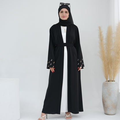 Modest Crescent Moon Sleeve Open Abaya - Black