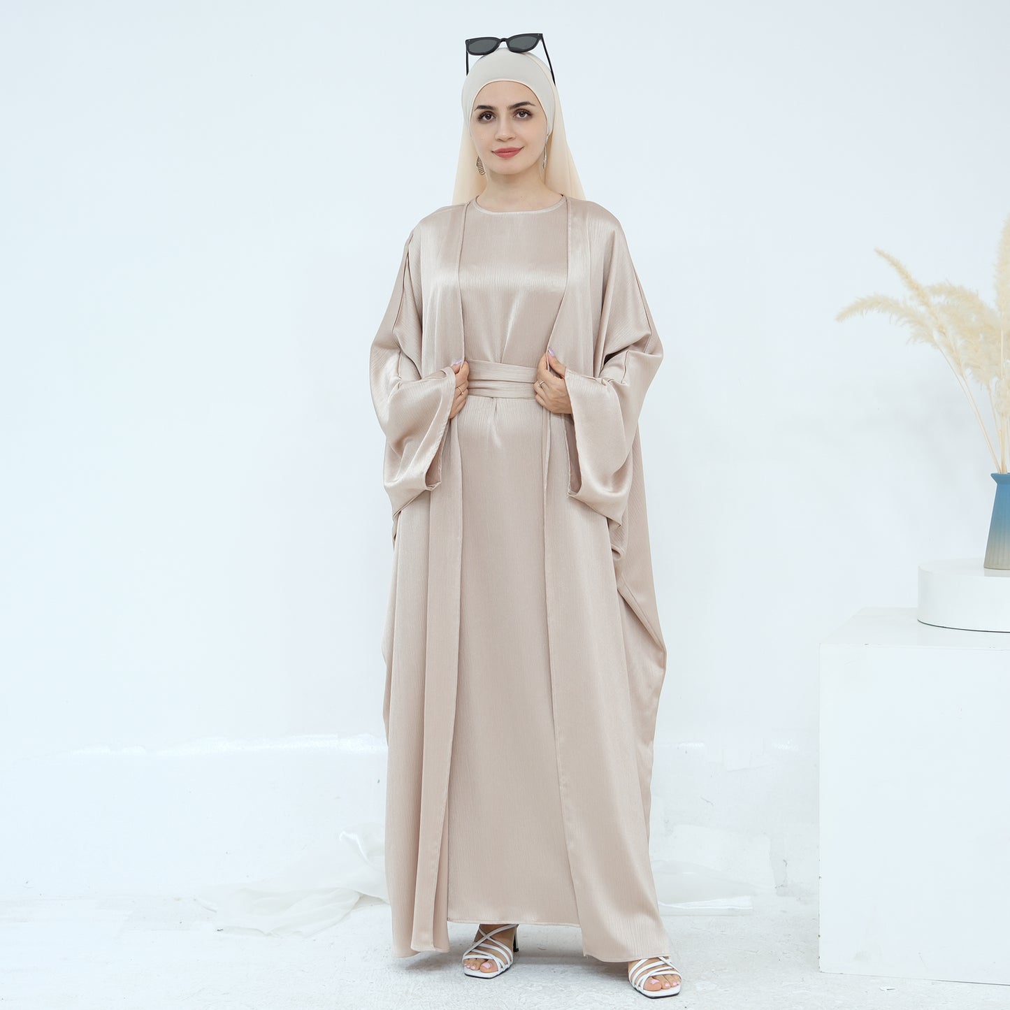Satin Dubai Luxury Two-Piece Abaya with Belt - Khaki
