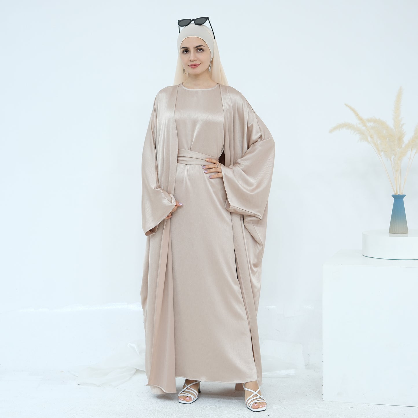 Satin Dubai Luxury Two-Piece Abaya with Belt - Khaki