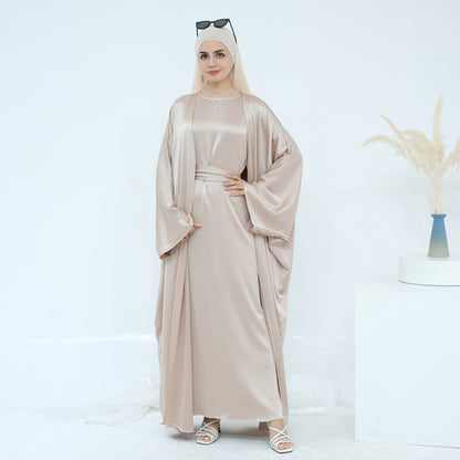 Satin Dubai Luxury Two-Piece Abaya with Belt - Khaki