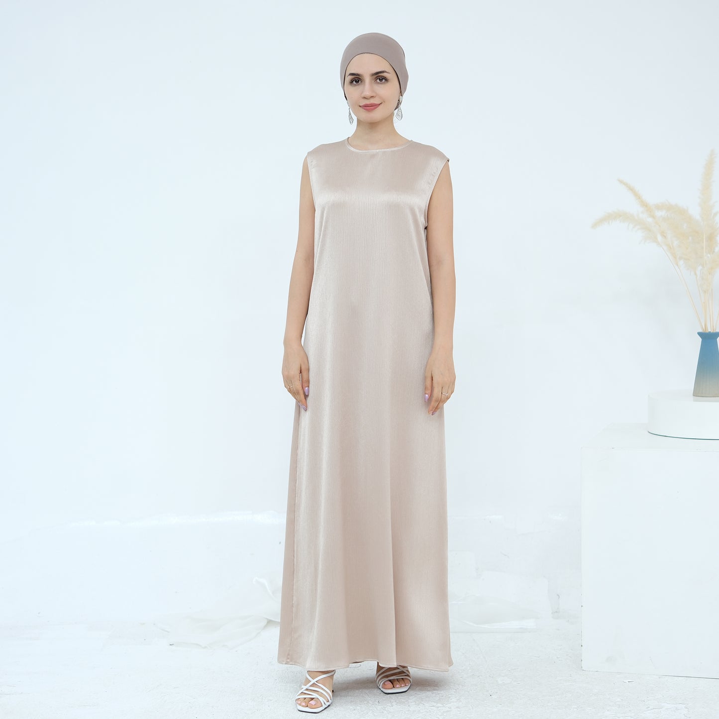 Satin Dubai Luxury Two-Piece Abaya with Belt - Khaki
