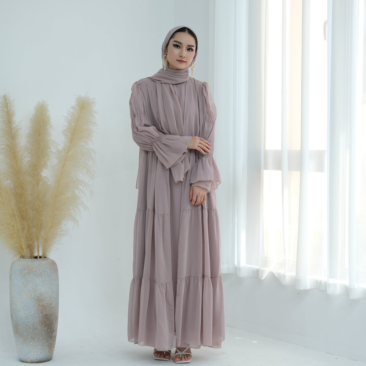 Ruffle Sleeve Bohemian Chiffon Abaya Set with Hijab - Taro