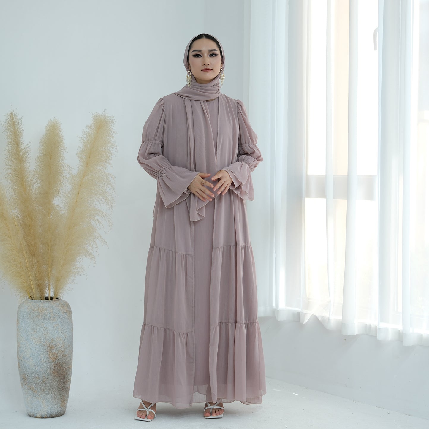 Ruffle Sleeve Bohemian Chiffon Abaya Set with Hijab - Taro