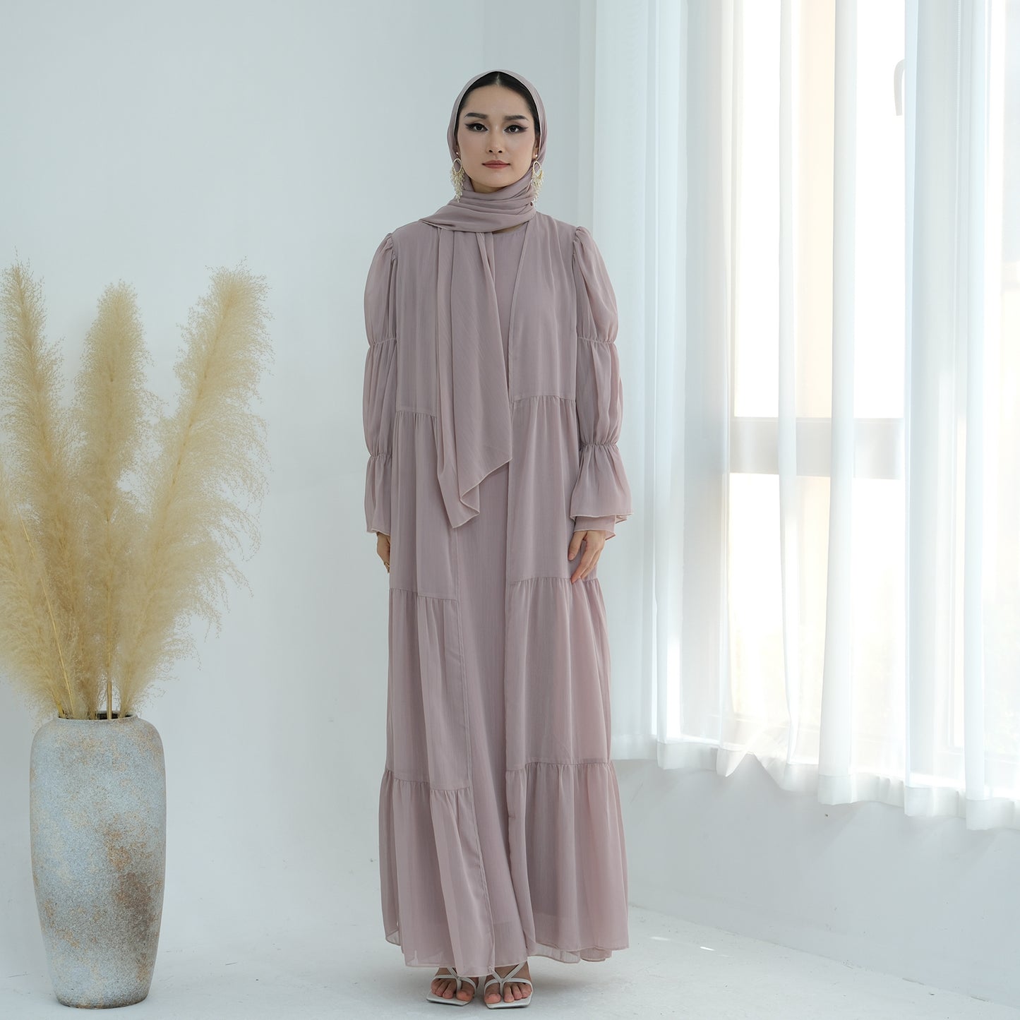 Ruffle Sleeve Bohemian Chiffon Abaya Set with Hijab - Taro