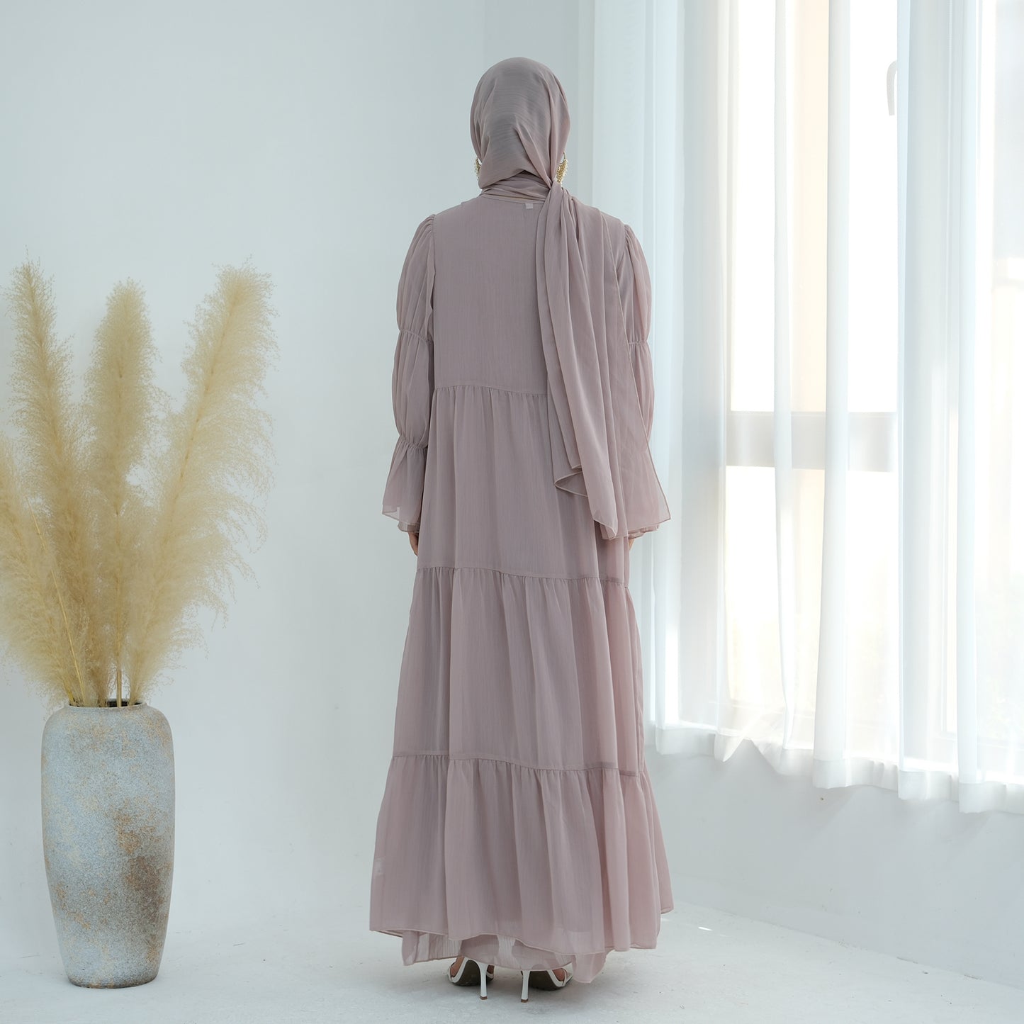 Ruffle Sleeve Bohemian Chiffon Abaya Set with Hijab - Taro
