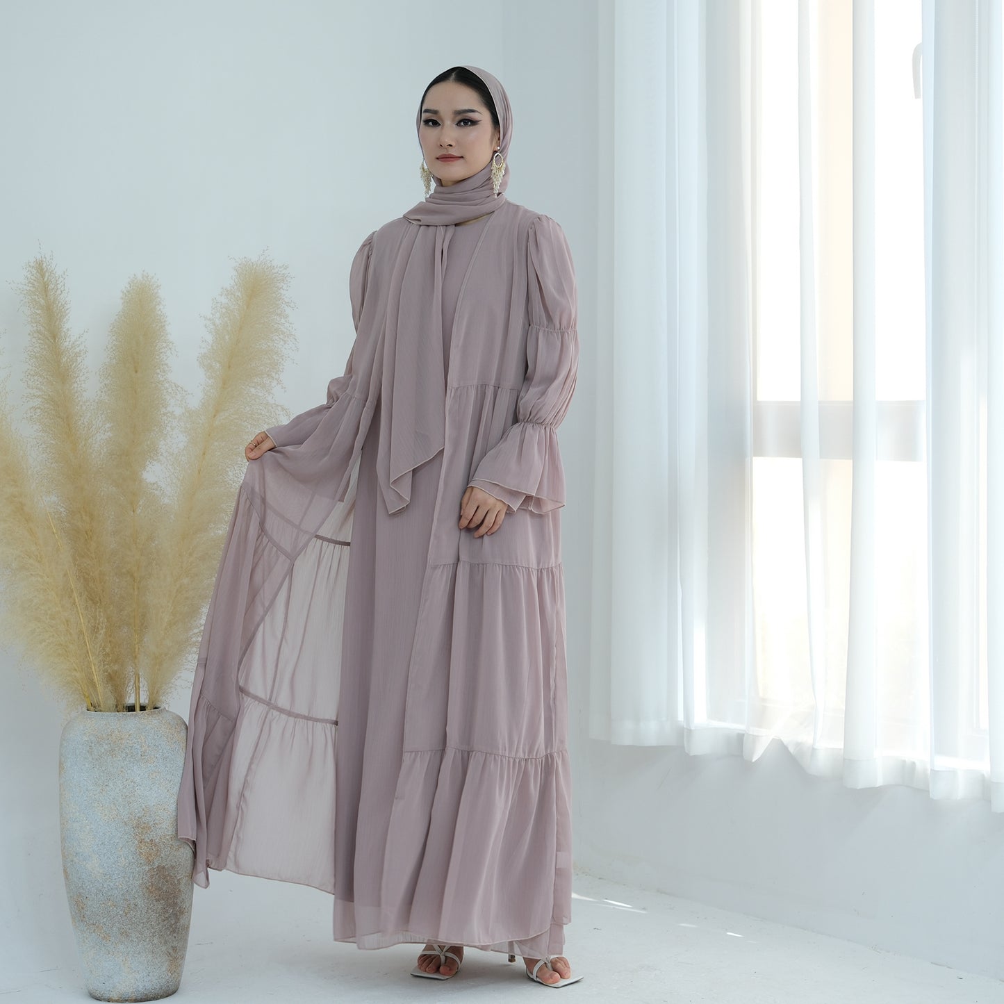 Ruffle Sleeve Bohemian Chiffon Abaya Set with Hijab - Taro