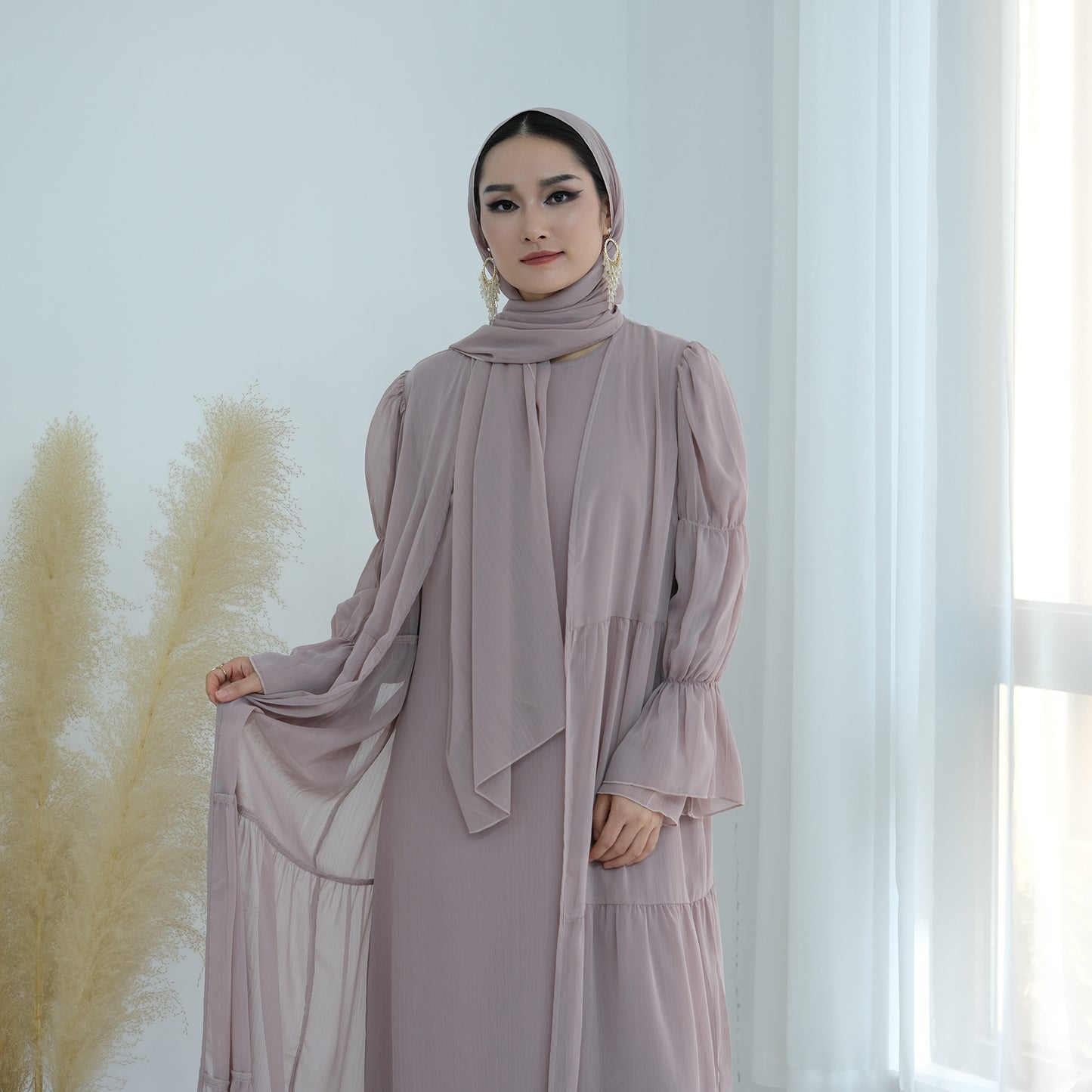 Ruffle Sleeve Bohemian Chiffon Abaya Set with Hijab - Taro