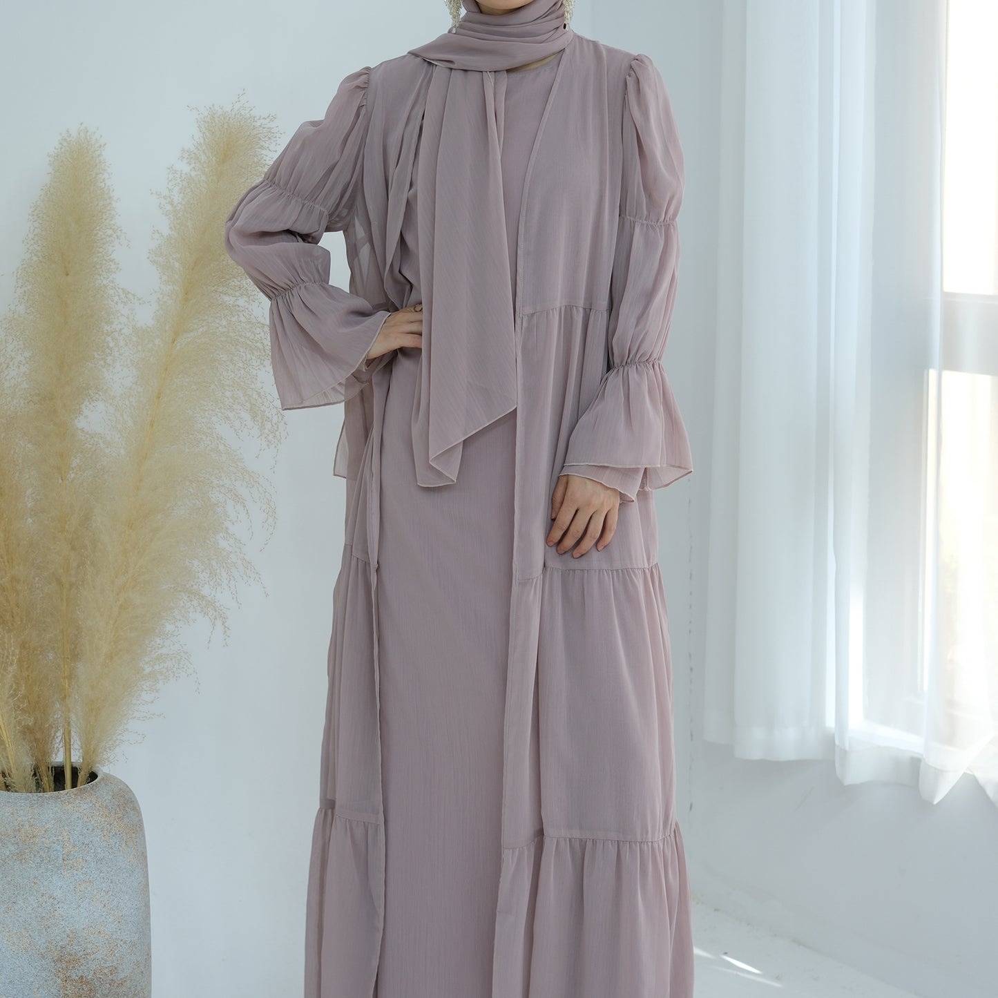 Ruffle Sleeve Bohemian Chiffon Abaya Set with Hijab - Taro