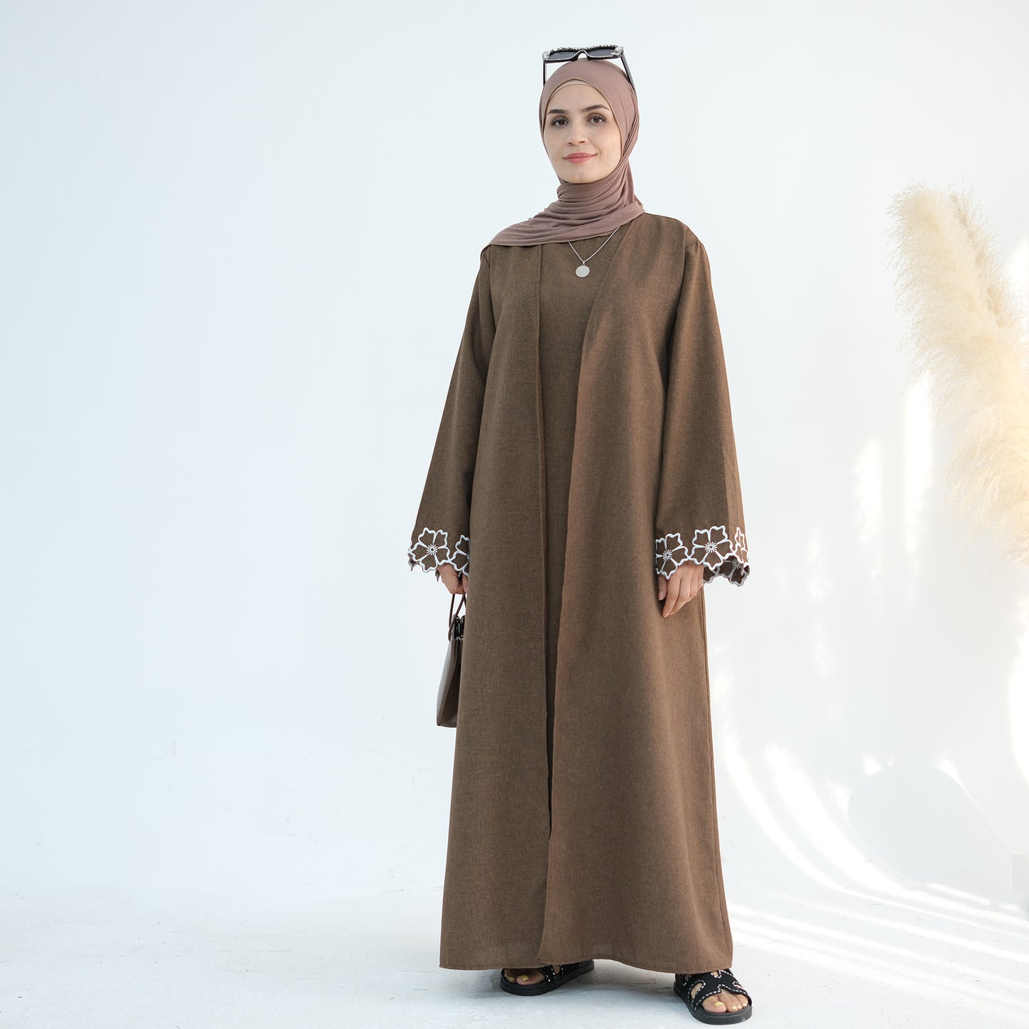 Embroidered Floral-Sleeved Abaya - Dark Coffee