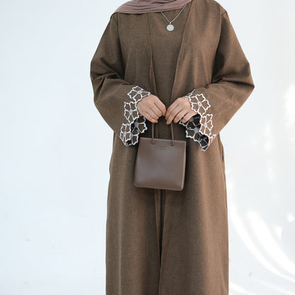 Embroidered Floral-Sleeved Abaya - Dark Coffee