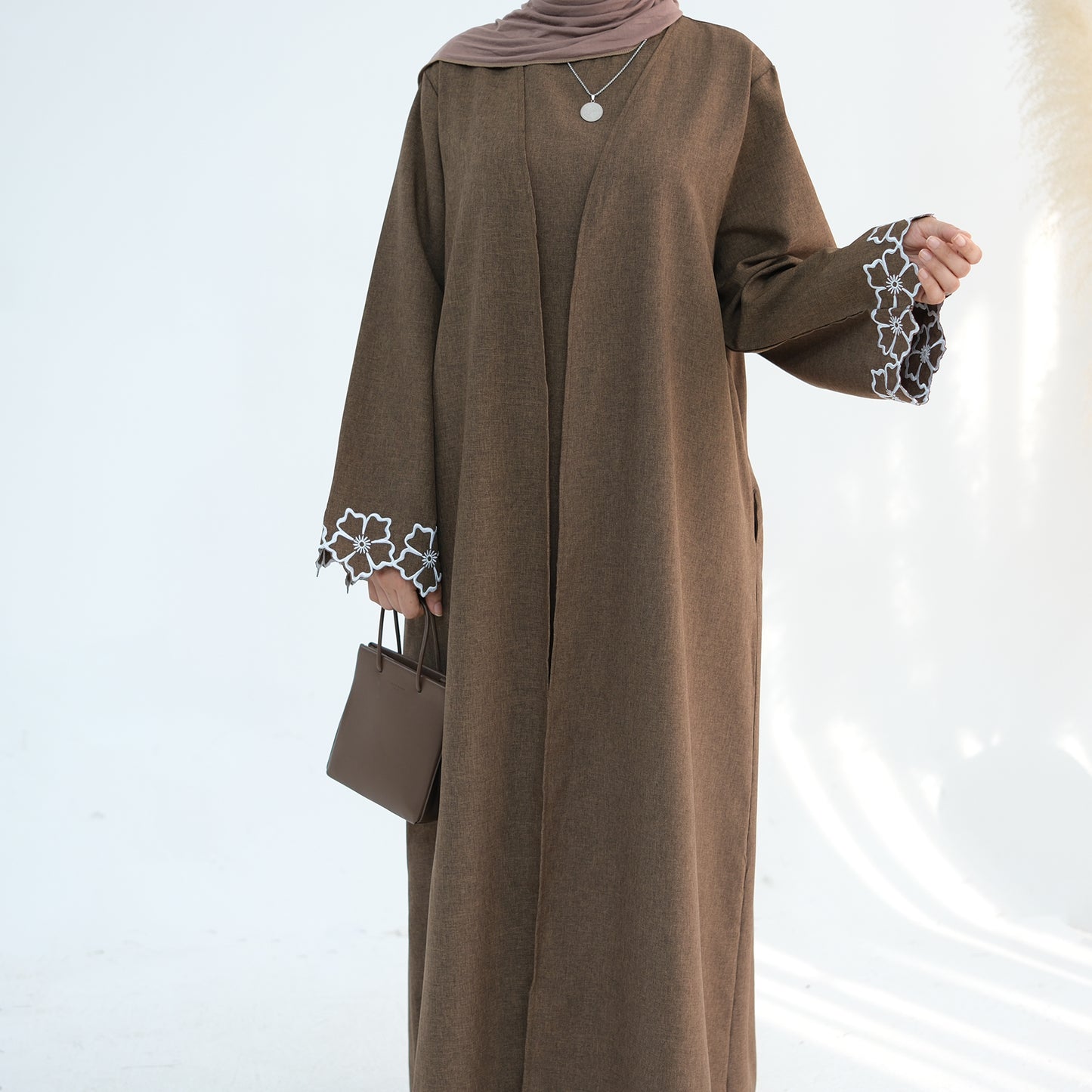 Embroidered Floral-Sleeved Abaya - Dark Coffee