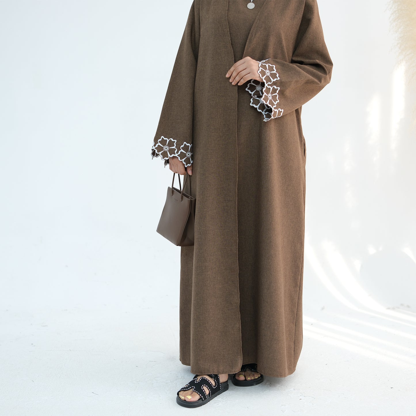 Embroidered Floral-Sleeved Abaya - Dark Coffee