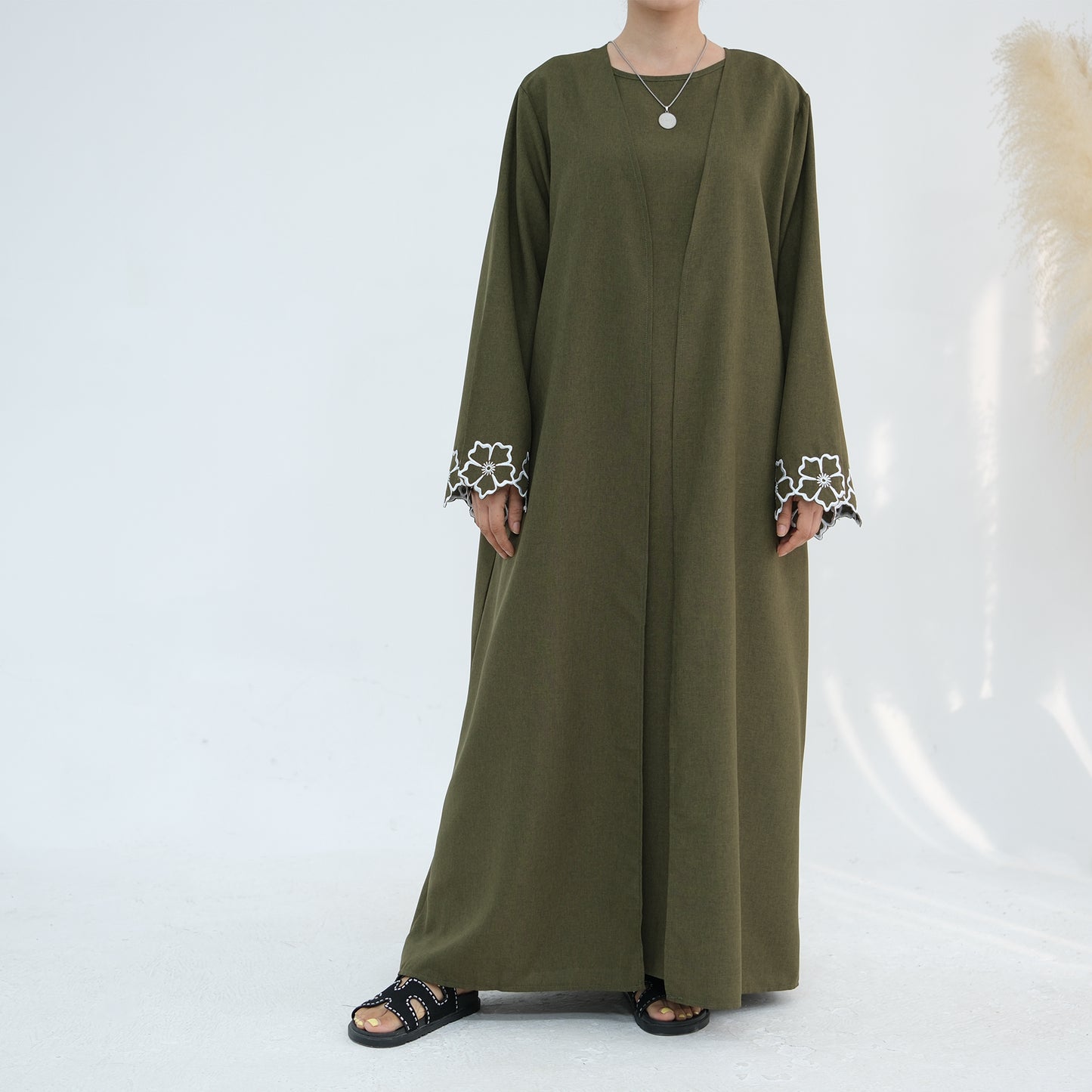 Embroidered Floral-Sleeved Abaya - Army Green