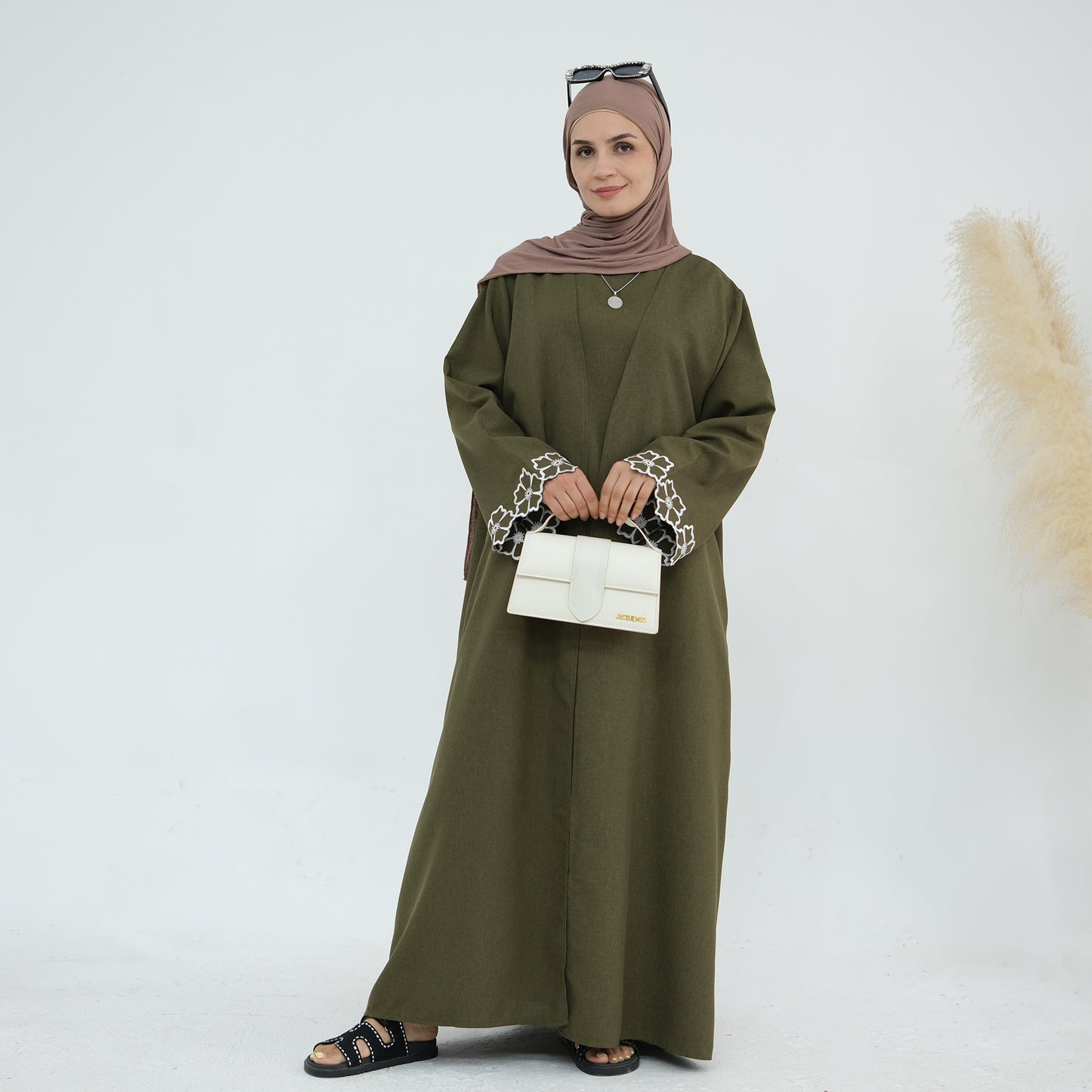 Embroidered Floral-Sleeved Abaya - Army Green