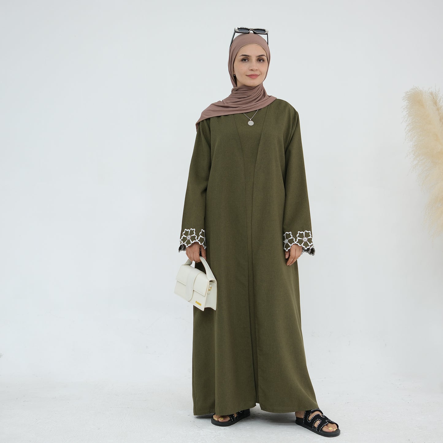 Embroidered Floral-Sleeved Abaya - Army Green