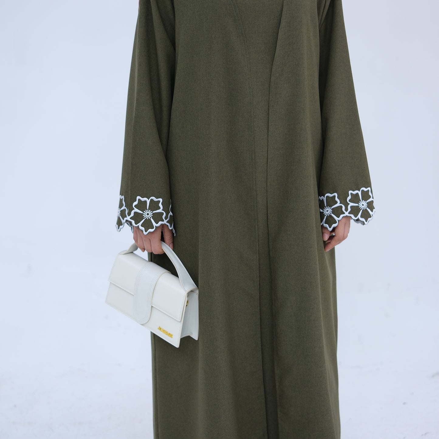 Embroidered Floral-Sleeved Abaya - Army Green