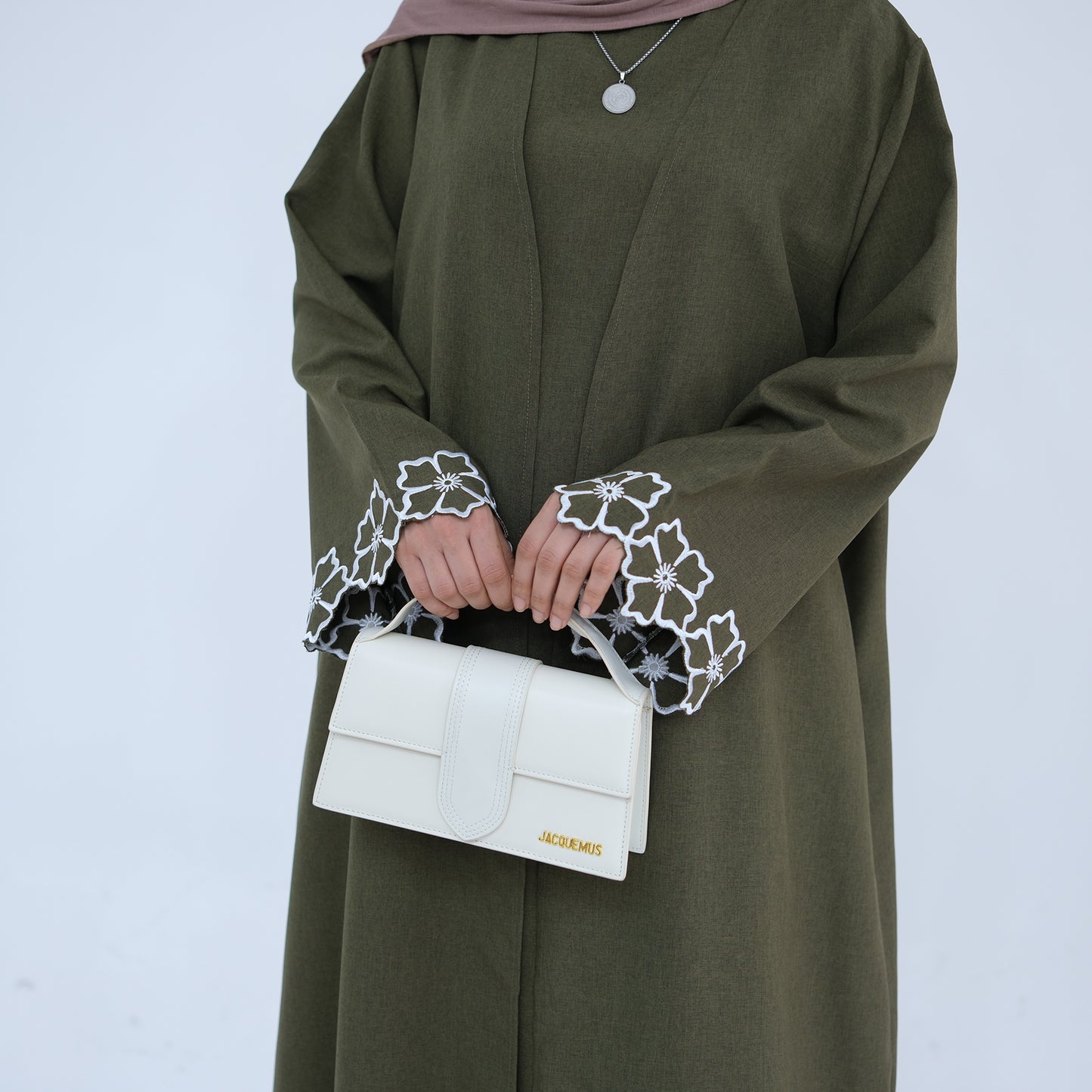 Embroidered Floral-Sleeved Abaya - Army Green