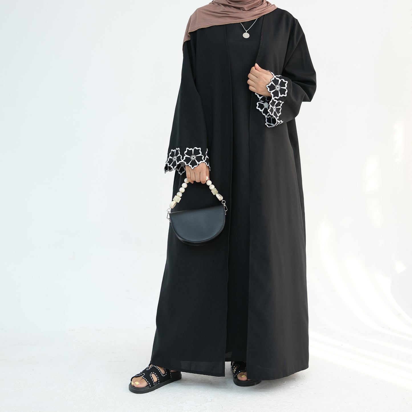 Embroidered Floral-Sleeved Abaya - Black