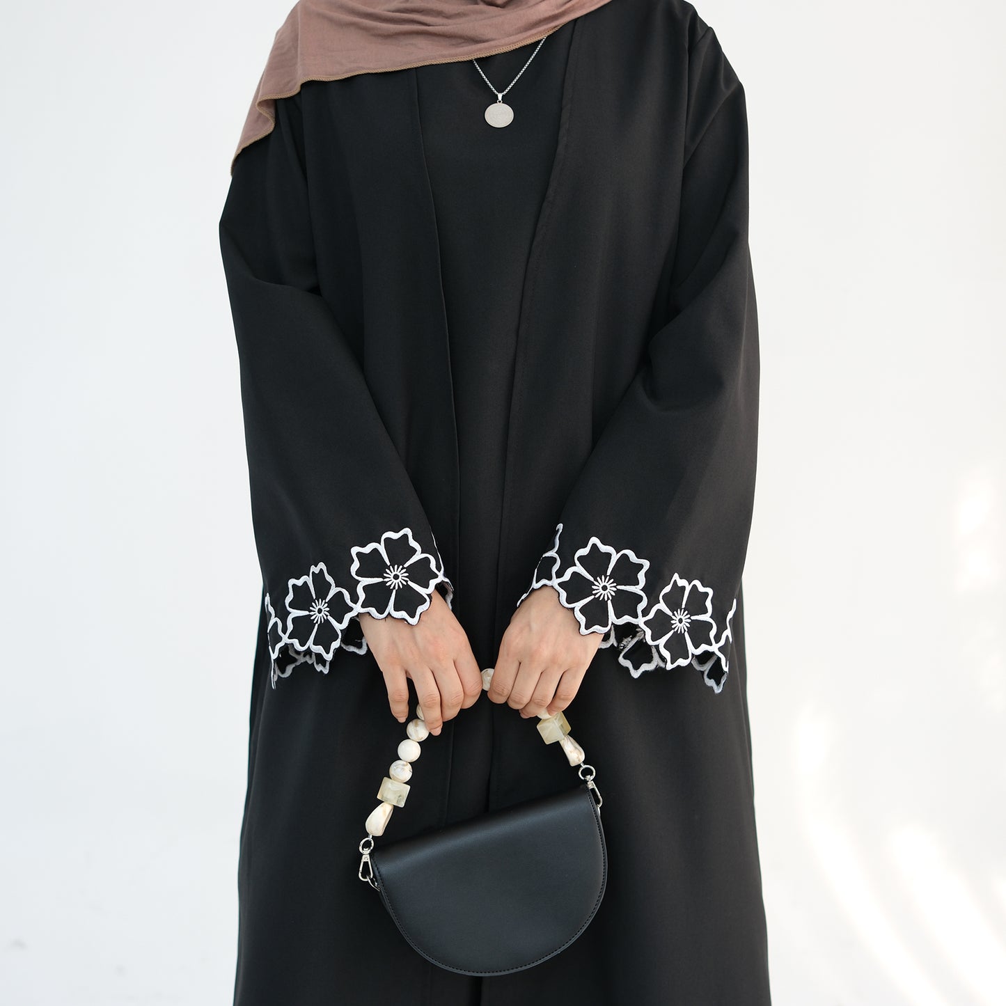 Embroidered Floral-Sleeved Abaya - Black
