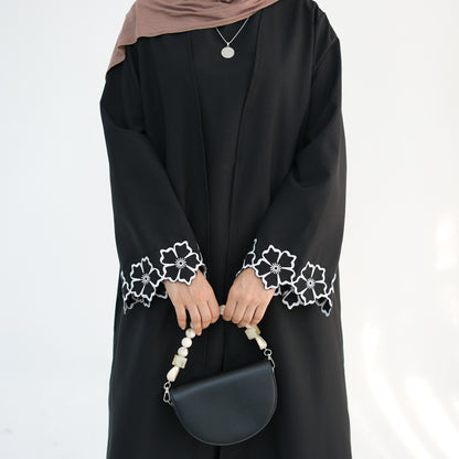 Embroidered Floral-Sleeved Abaya - Black