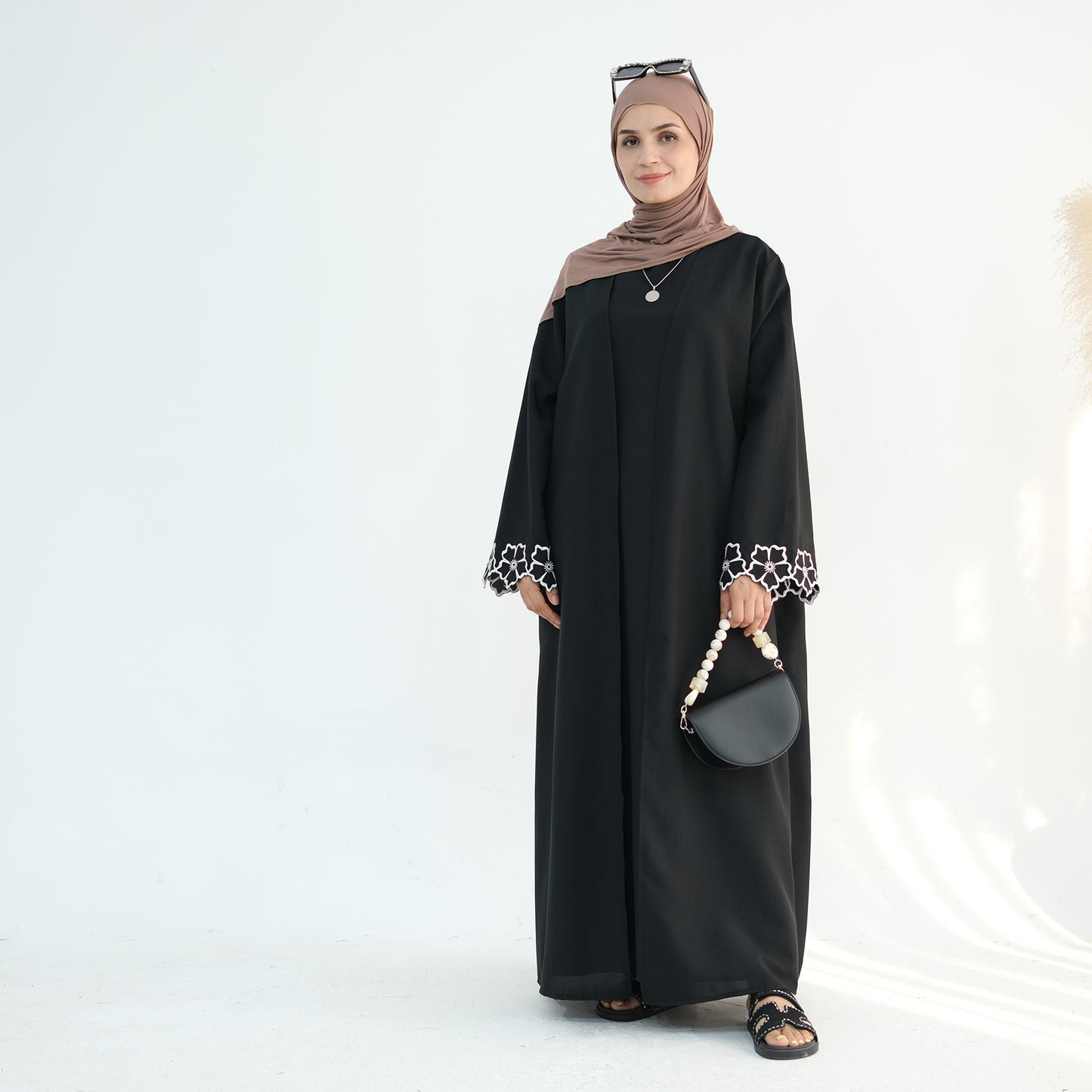 Embroidered Floral-Sleeved Abaya - Black