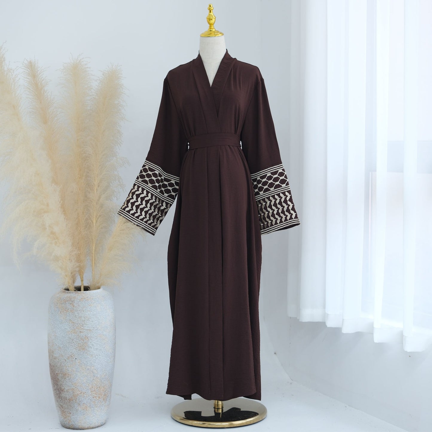 Palestine Keffiyeh Open Abaya - Dark Brown