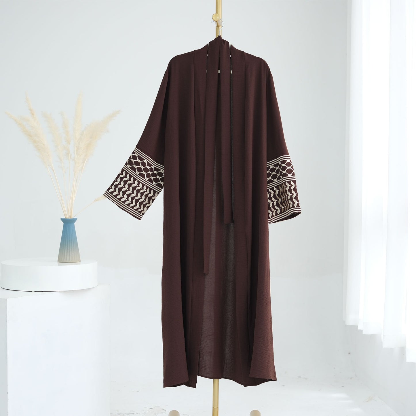 Palestine Keffiyeh Open Abaya - Dark Brown