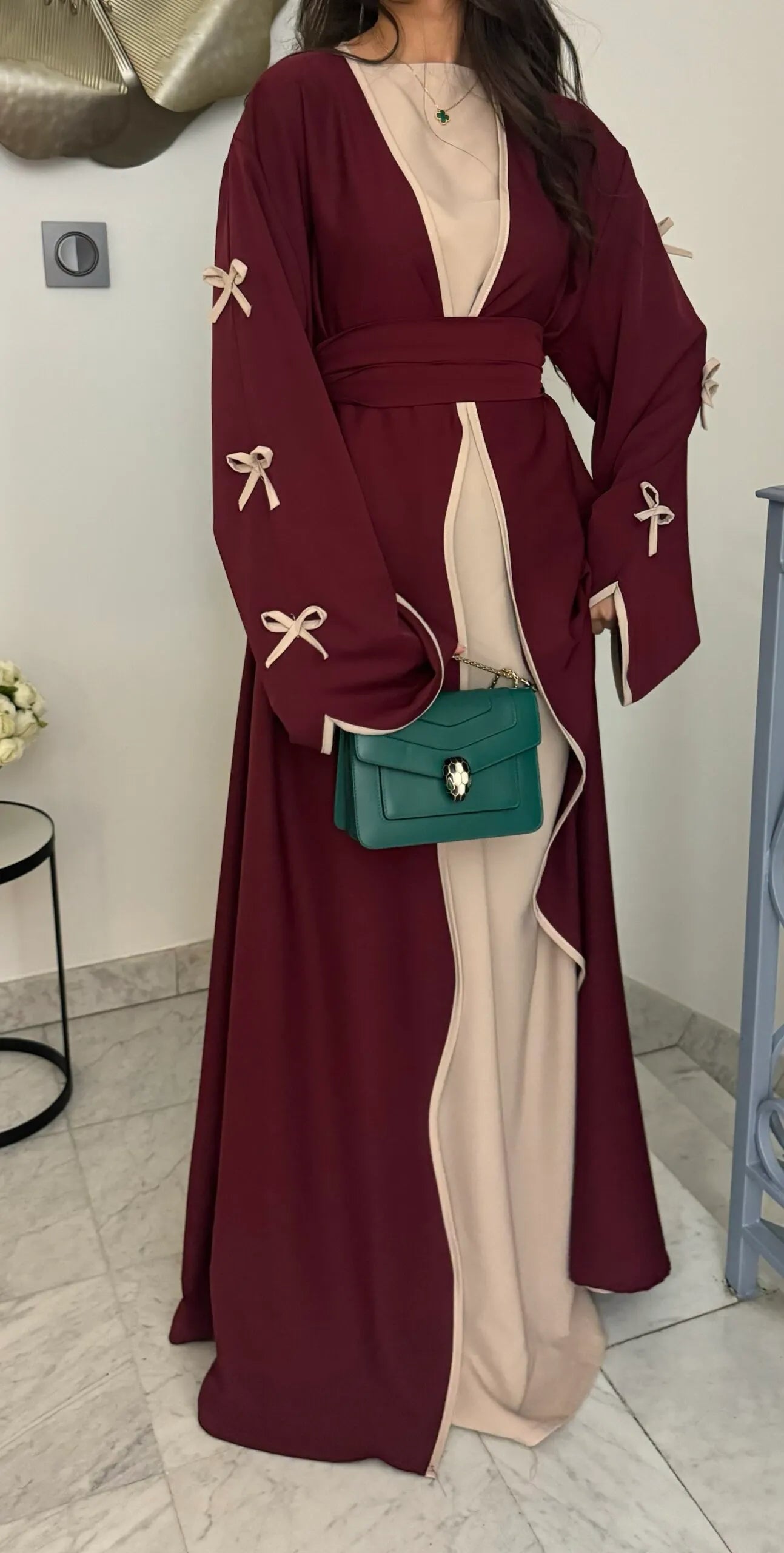 Ribbon Bow Sleeve Two Piece Abaya - Ruby Red