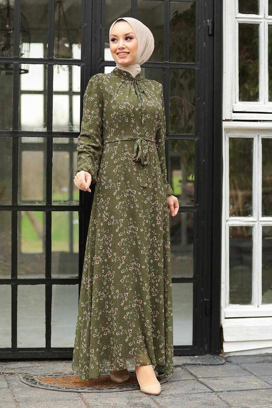 Modest Floral Dress - Forest Green