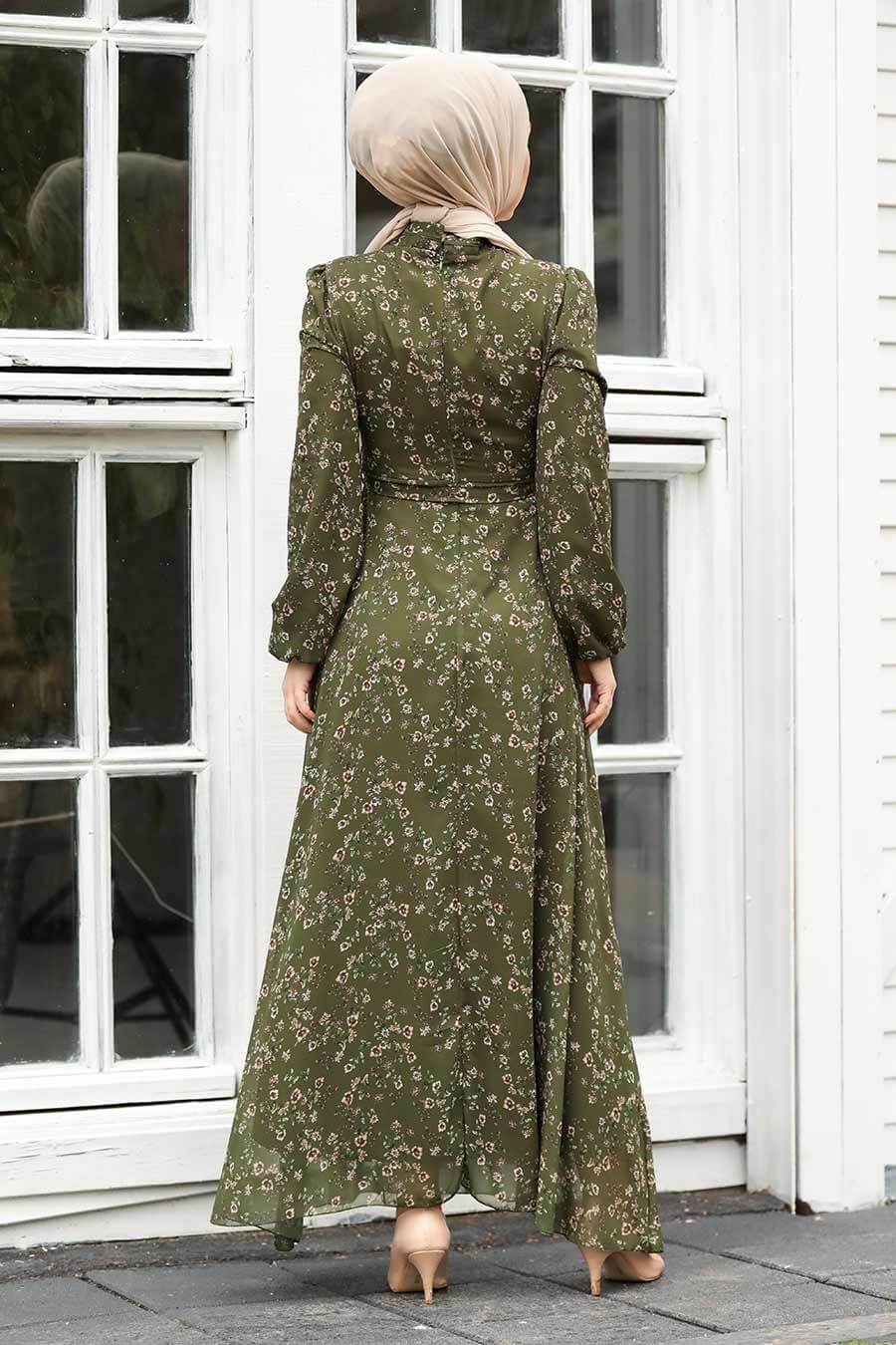 Modest Floral Dress - Forest Green