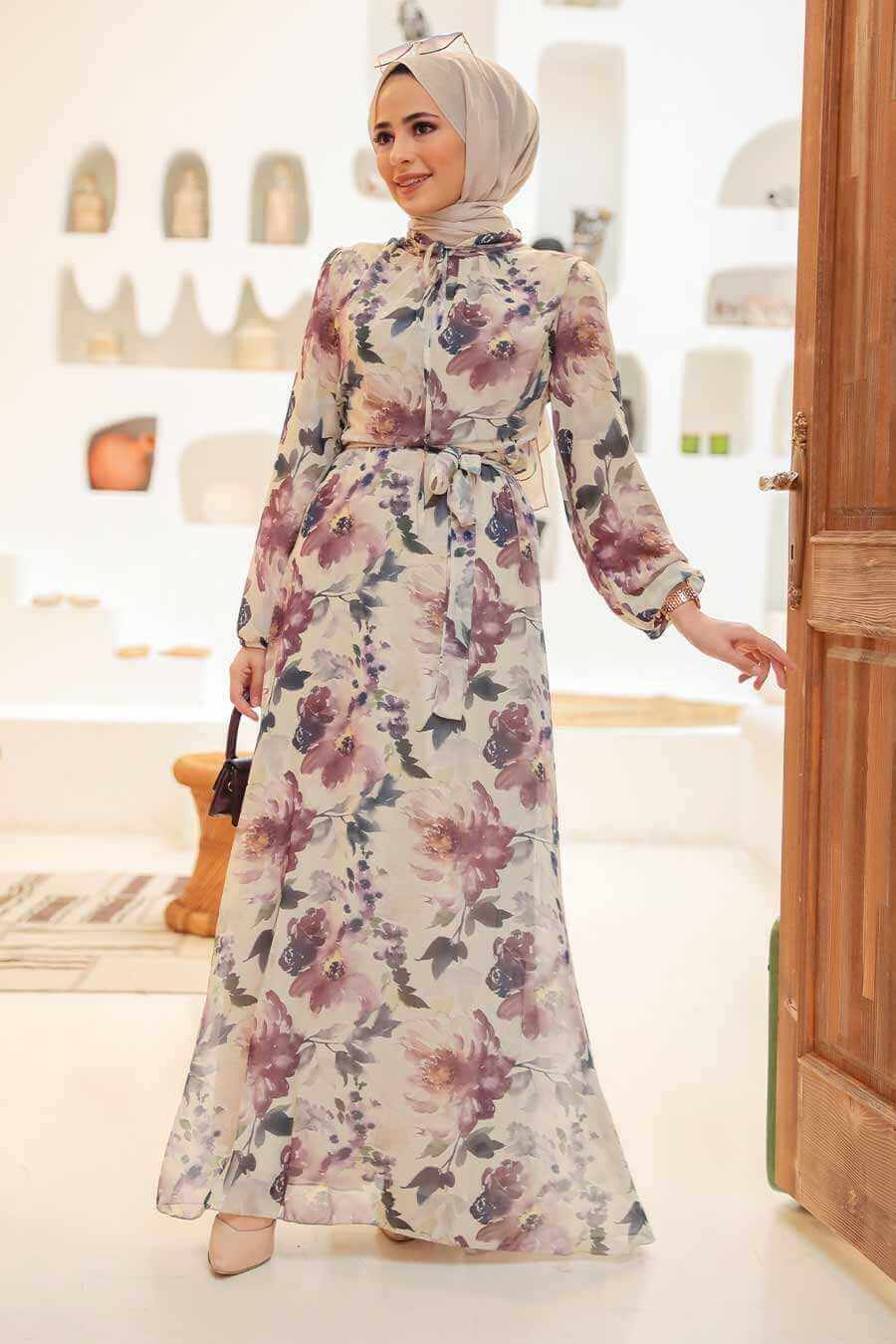 Modest Floral Dress - Cream & Purple